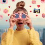 influenciadora digital segurando camera na mão