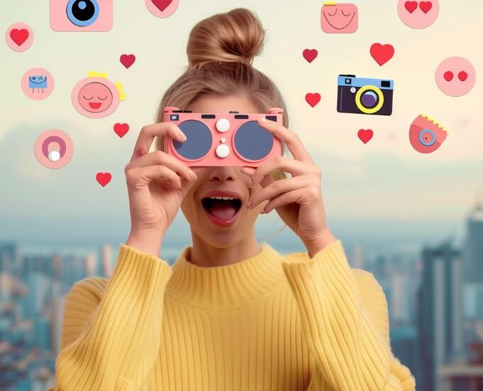 influenciadora digital segurando camera na mão