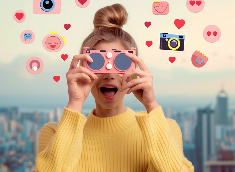 influenciadora digital segurando camera na mão