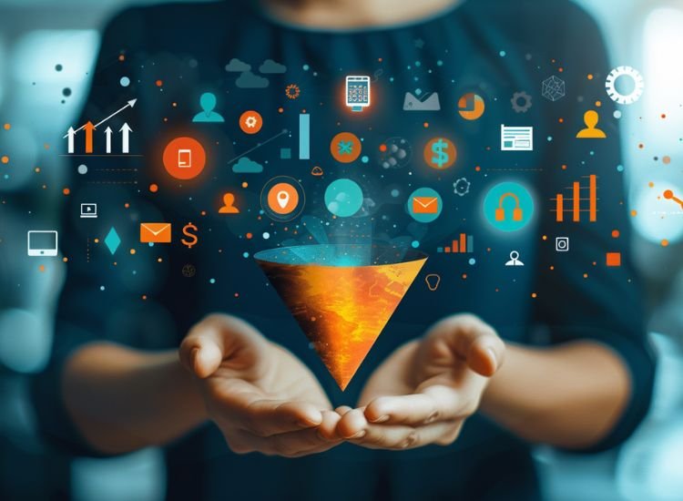 mão com funil no marketing digital influencia